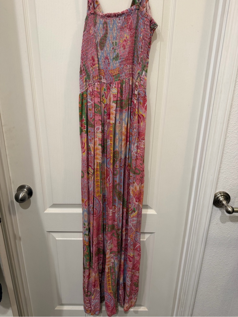 Angie Pink Patchwork Paisley Boho Wide Leg Romper Jumpsuit Smocked Back - Picture 2 of 4